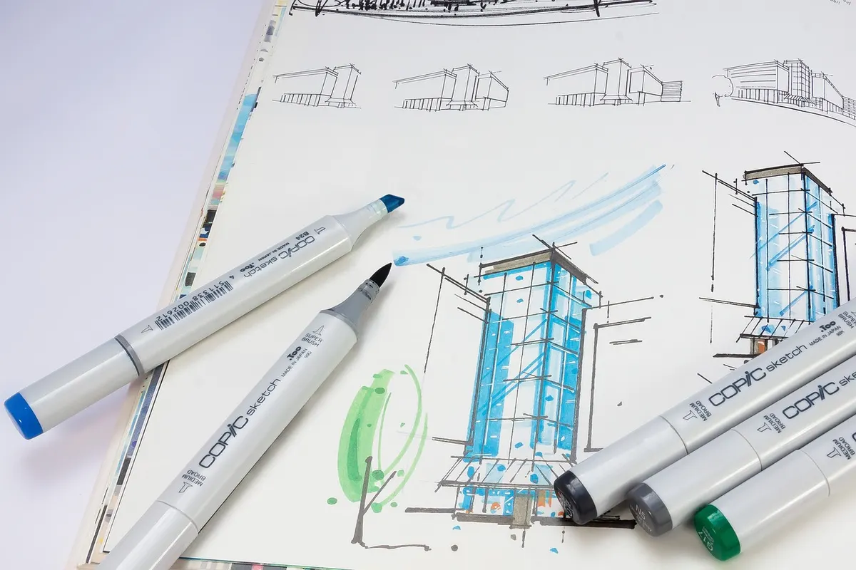 Architektonická skica interiéru s designérskými fixami